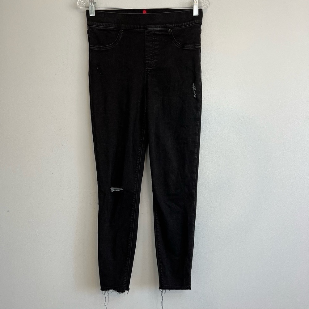 Spanx Womens Pull On Ankle Jeans Jeggings Black Distressed Sz M Skinny Raw Hem